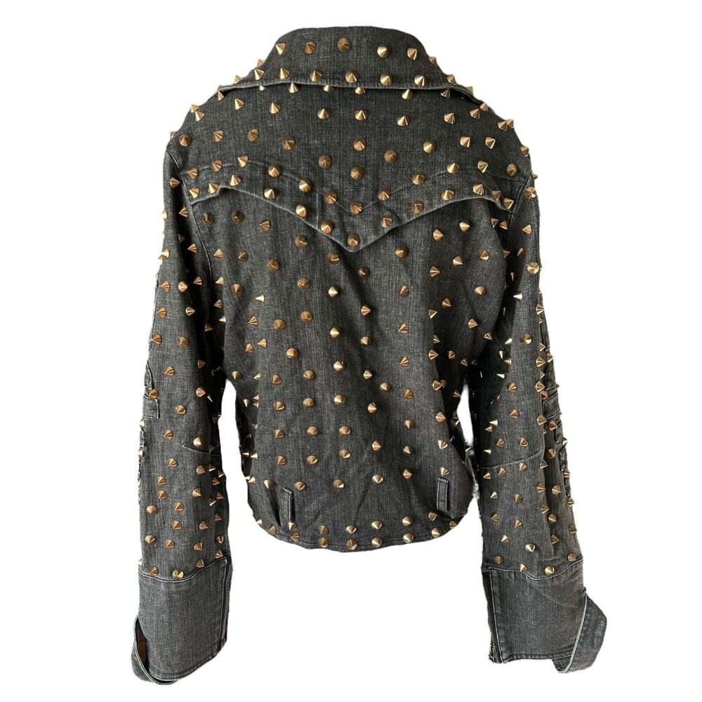 NWOT Studded Spike Rivet Black Denim Moto Jacket Size Small - Picture 3 of 6